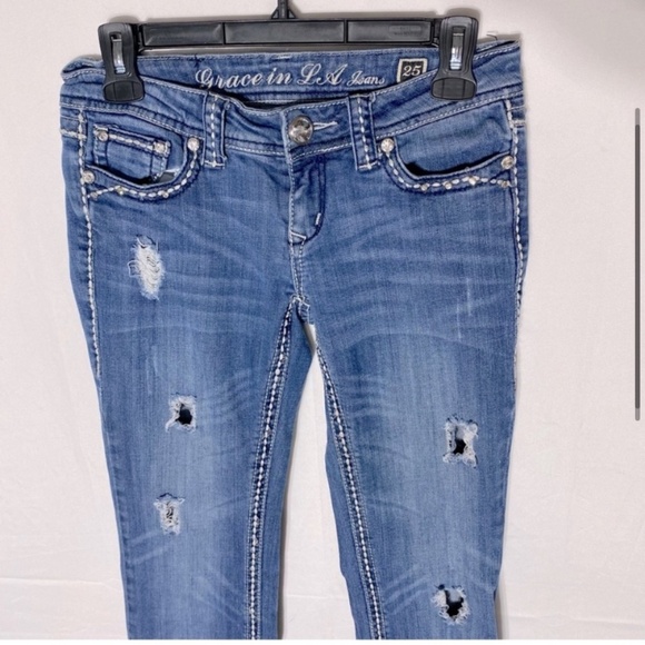 Grace In L.A. Distressed Low Rise Straight Leg Embroidered Flap Pocket Jeans 25 - Picture 10 of 16